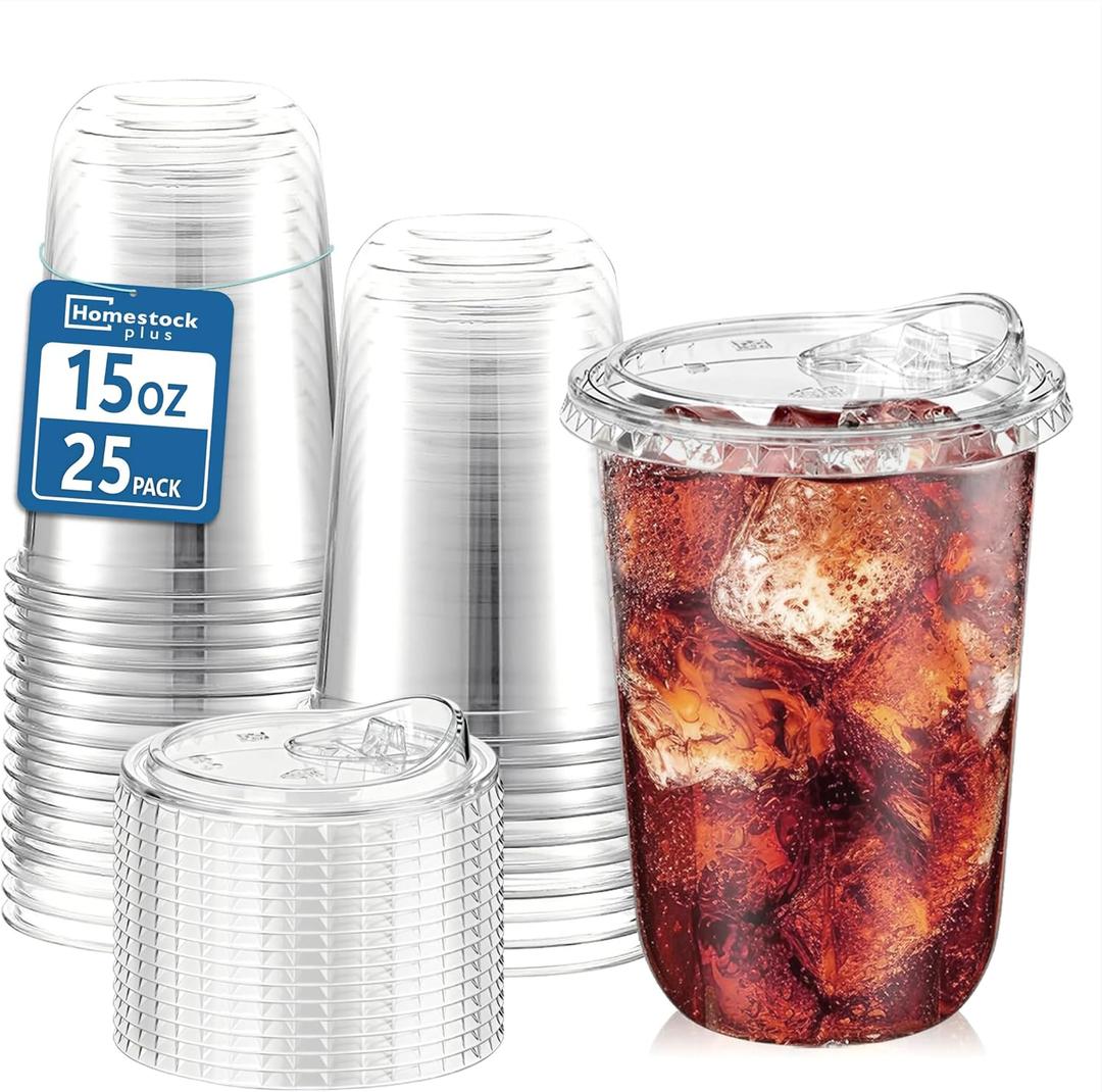 Homestockplus 25 Pack 15 oz BPA-Free Clear Plastic Cups with Strawless Sip Lids - Leak-Proof Round Bottom Disposable Iced Coffee Cups for Kids, To-Go Cold Drinks, Ideal for Small Parties & Daily Use