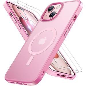 Miracase Magnetic for iPhone 15 Case (Compatible with MagSafe)with 2X Screen Protectors Military-Grade Protection, Anti-Fingerprint Translucent Matte Phone Cover for iPhone 15 6.1 inch, Mes Pink