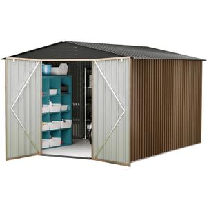 10x10FT Outdoor Metal Storage Shed, Lockable Weatherproof Garden Shed for Tools & Equipment, Durable Galvanized Steel with Sloping Roof & Ventilation, Ideal for Backyard, Patio & Garage Storage, Brown