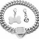 Dog Chain Collar Silver Cuban Link Dog Necklace with Cubic Zirconia Design Buckle Collar with Dog tag, Bell,10/14/18MM Wide Stainless Steel Walking Training Collar for Dogs (18mm,14'')