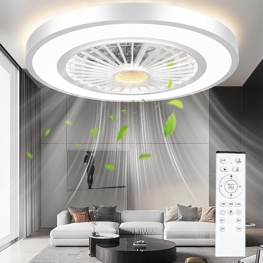 22'' Ceiling Fans with Lights and Remote, Stepless Dimmable Ceiling Fans with Night Light, 3000-6500K Color Temperature Celing Fan with Light Flush Mount with 6 Speeds, White