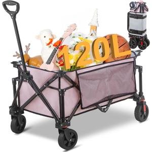 Collapsible Folding Wagon Cart, 220LBS Heavy Duty Foldable Utility Garden Cart with All Terrain Wheels & Side Storage Bag, Portable Sports Wagon for Camping, Shopping, Garden. (Pink) (Pink + Light Gray)