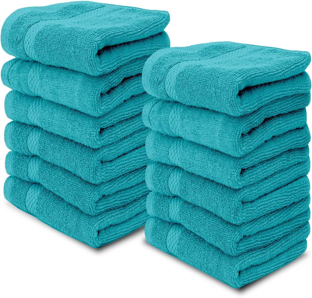 White Classic Luxury Cotton Washcloths 13x13 Inch - 650 GSM Turkish Cotton | Hotel, Spa, Bathroom Face Towel | 12 Pack, Aqua Blue
