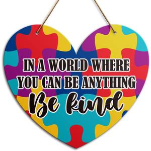 Autism Awareness Wall Door Sign, Be Kind, Inspirational Autism Sign Nursery Classroom Baby Kids Bedroom Wood Hanging Wall Decor Sign Plaque, Motivational Gifts for Autism Child