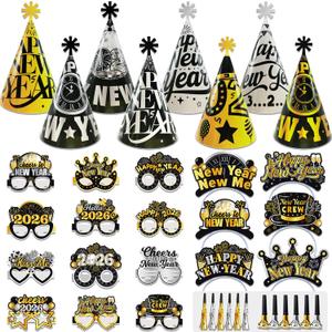 New Years Eve Party Supplies 2026, 42pcs Happy New Year Party Favors Set- New Years Paper Hats, 2026 New Year Headband, Eyeglasses, Blowouts for New Year's Eve Party
