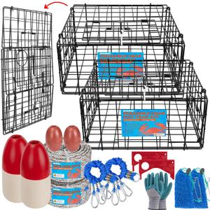QualyQualy 2 Packs Foldable Crab Trap 24", Crab Bait BagPacific Heavy Duty Steel Crap Cage Kit with Harness, 100 Sinking Line, Easy Store & Carry Crabbing Kit
