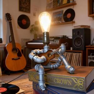 PIPRE Music Guitar Table Lamp Art Decor, Cool Guitar Stuff Gifts for Men Music Lovers Guitar Players, Steampunk Pipe Man Edison Bulb Lamps, Retro Guitars Metal Pipe Industrial Robot Lights
