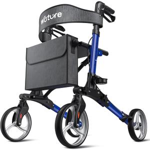 WOTURE Foldable Rollator Walker with Seat & Backrest 8" All Terrain Wheels for Indoor/Outdoor Use, Lightweight Mobility Aid with Storage Bag & Cane Holder, Adjustable Handles & Brakes, Blue