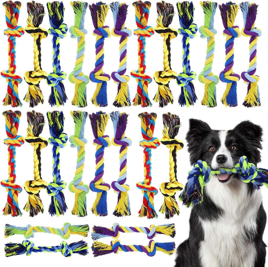24 Pack Large Dog Rope Toys 10 Inch Chew Toys Bulk Natural Cotton Dog 2 Knot Dog Toy 2 Knots Chew Rope Toy Teething Rope Toys for Aggressive Chewers and Medium Dogs