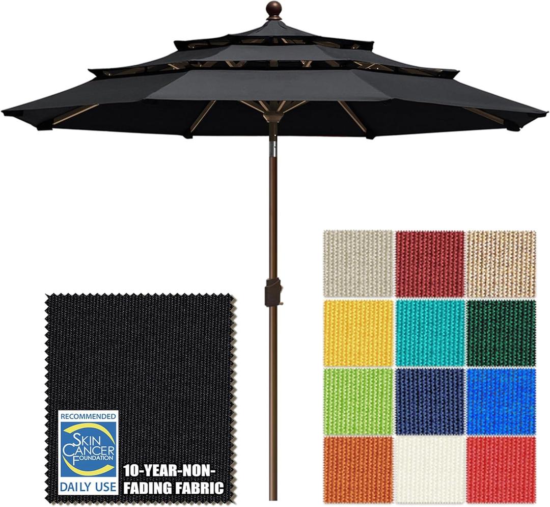 EliteShade USA 10-Year-Non-Fading 10ft 3-Tier Market Patio Umbrella, Commercial Grade Outdoor Table Umbrella with Crank Open, Windproof & UPF 50+ UV Protection, Heavy Duty Ventilation for Garden, Deck, Pool, Backyard, Beach & Bistro, Black