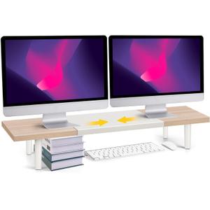 Dual-Monitor-Stand-Riser-For-Desk Adjustable Length 32-40 InchLarge Desktop Computer Monitor Riser For 2 ScreensDesk Shelf Organizer Riser Stand For Computer/Laptop/PC/Printer/TV Maple