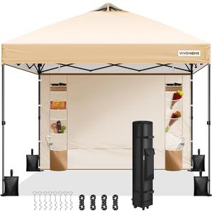 VIVOHOME 10x10ft Pop Up Canopy Tent with Sidewall and 6 Pockets, One Push Setup Outdoor Portable Shelter Tent Heavy Duty with Wheel Carry Bag and 4 Sandbags, Beige