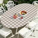 Smiry Oval Picnic Tablecloth, Elastic Waterproof Fitted Vinyl Tablecloths for 48" - 68" Tables, Flannel Backed Buffalo Plaid Table Cover for Dining, Camping, Outdoor, White and Khaki, For Up to 48"-68" Oval