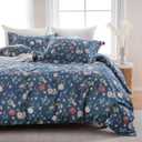 Floral Theme 100% Cotton Duvet Cover Queen Size,Navy and Pink Flowers Reversible Comforter Cover with Zipper Closure,Soft 3 Pieces Vintage Style Bedding Set with 2 Pillow Shams for Women