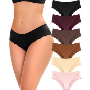 FINETOO 6 pack Seamless Underwear for Women Sexy Low Rise Hipster Wave Edge No Show Bikini Panties Womens Cheeky Brown (M)