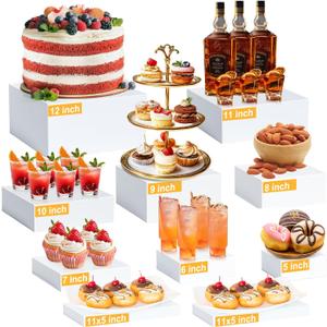 10 Pcs Large Acrylic Buffet Risers, White Food Display Stands for Buffet, Dessert Table, Jewelry, and Catering, Stackable Food Risers with Hollow Bottoms, Nesting Cube Box (12"-11"-10"-9"-8"-7"-6"-5")