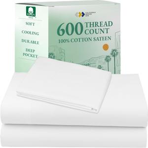 California Design Den XL Twin Sheets Set - Luxury 600 Thread Count 100% Cotton Sateen, Twin XL Sheet Set with All Around Elastic for a Snug Fit, Hotel Quality Bedding - White (01 - Bright White)