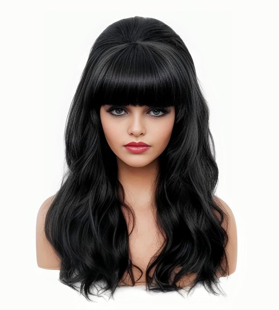 Rugelyss Long Wavy Black Wig with Bang Big Bouffant Beehive Wigs for Women fits 80s Costume or Halloween Party
