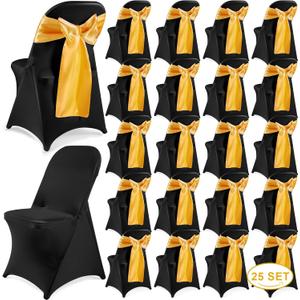 Lounsweer 50 Pcs Folding Chair Cover Set with 25 Stretch Spandex Slipcovers 25 Satin Chair Sashes Bows Ribbon Washable Banquet Protector for Wedding Event Party(Black, Gold)