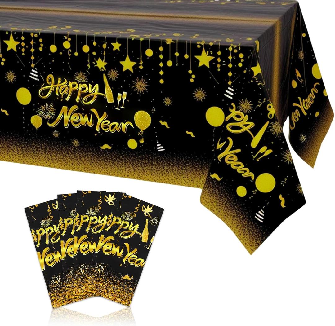 4 Pack Happy New Year Tablecloth Black & Gold Plastic New Years Table Decorations for New Years Eve Party Supplies Indoor Outdoor Home Party Decor,54x108Inch