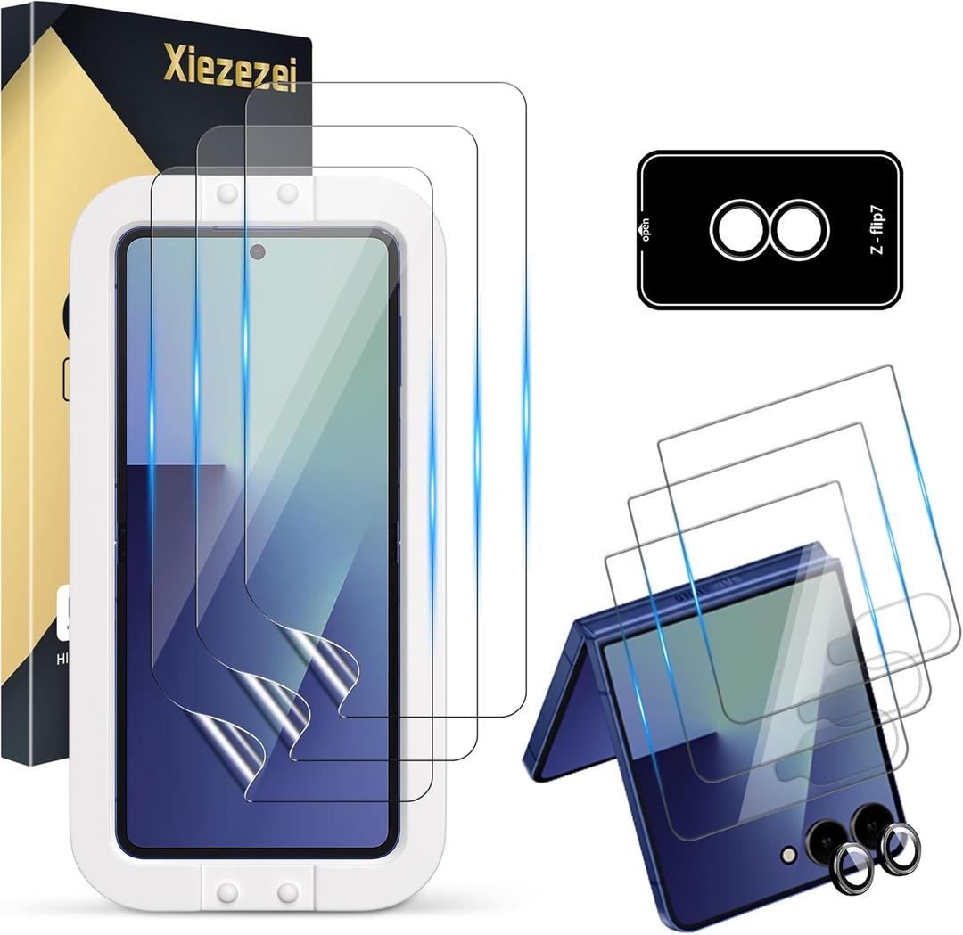 [3Set 7PCS] Screen Protector Compatible with Galaxy Z Flip 7 5G - 3 Inner TPU Film + 3 Tempered Glass + 1 Camera Lens Protectors with Alignment Tool, Easy Installation, High Clarity, Bubble Free