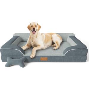Jumbo Dog Bed for Extra Large Dogs, Orthopedic Dog Bed with Cooling Gel Memory Foam, Waterproof Pet Bed with Removable Washable Cover, 45" Pet Sofa Couch Dutch Velvet with Bone Toy, Dark Gray
