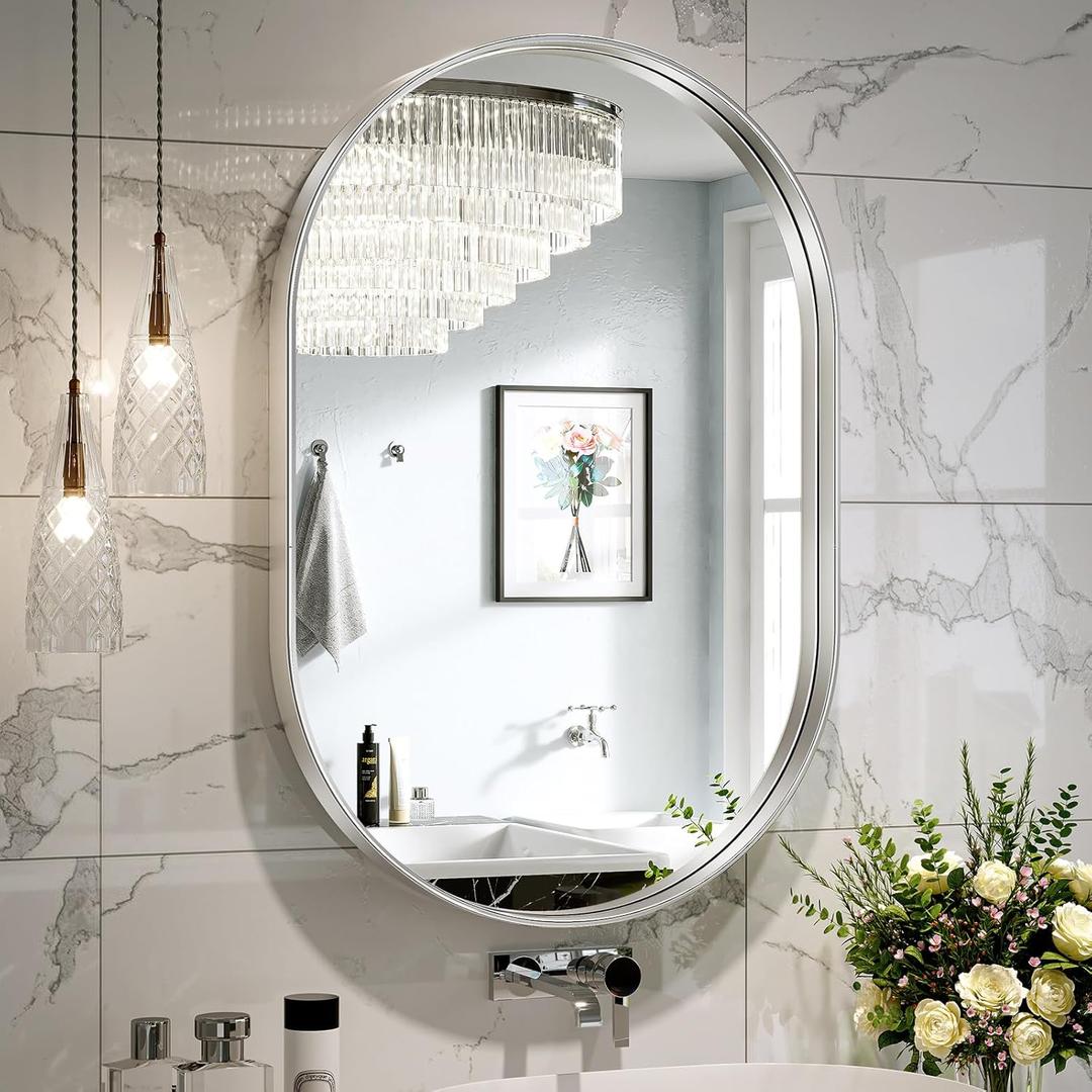Brightify Silver Oval Mirror for Wall 20x30 Inch, Metal Framed Bathroom Vanity Silver Mirrors, Modern Pill Shape Mirror for Bedroom Living Room Wall Decorative Hang Vertical and Horizontal