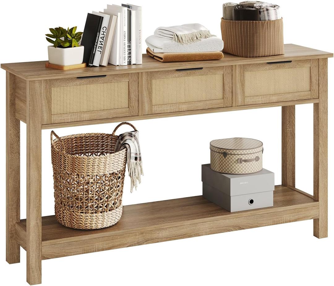 Luoxiao Rattan Console Table Boho Entryway Table with 3 Drawers Storage, Narrow Long Behind Couch Sofa Table for Living Room Side Table Entry Way Table Entrance Hallway Foyer, Natural, 47 Inch, Large