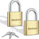 Kwikset Brass Padlock with Hardened Steel Shackle, Indoor Outdoor Cabinet and Storage Lock, 1-9/16 in Body, 7/8 in Shackle, 2 Pack Keyed Alike, Brass