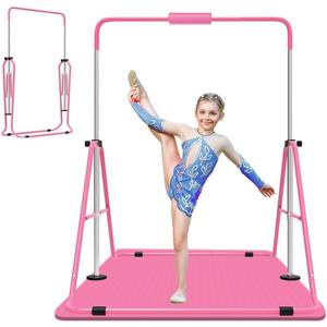 Gymnastics Bar for Kids, Adjustable Height Gymnastic Horizontal Bars with Mat, Folding Gymnastic Training Monkey Bars, Junior Expandable Training Kip Bar for Home, Pink