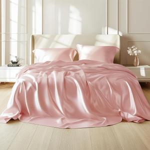 Bedsure Pink Satin Sheets King Size - 4 Piece Silky Bedsheets with 15 Inches Deep Pocket Fitted Bedsheet, 1 Flat Sheet, 2 Satin Pillowcases, Good for Hair & Skin (King, Peach Pink)