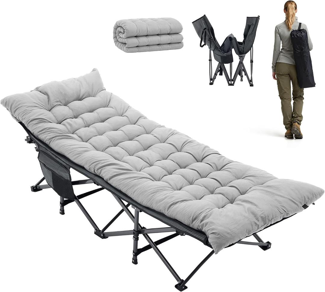 HealSmart Camping Cot for Adults, Heavy-Duty Portable Cot Bed with Mattress, Foldable Padded Sleeping Cots for Camping Travel Tent Day Bed Outdoor & Home Guest, Max Load 500 LBS, 75"x28"x15", Grey