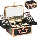 Makeup Case with Lighted Mirror, Makeup Box Organizer with Detachable LED Mirror, Travel Makeup Train Case, Waterproof Cosmetic Organizer, Standing Makeup Brush Holder, Gift, Black Gold