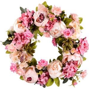 Lvydec Artificial Peony Flower Wreath - 15" Pink Flower Door Wreath with Green Leaves for Spring, Wedding, Home Decor
