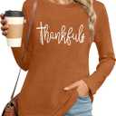 Thanksgiving Shirts for Women: Thankful Letter Printed Long Sleeve Shirt Thankful Greatful Blessed Shirts Fall Pumpkin Tops (XL)