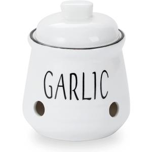 HAOTOP Garlic Keeper with Lid, Ceramic Mini Garlic Container Saver for Countertop, Keep Your Garlic Cloves Fresh (White)