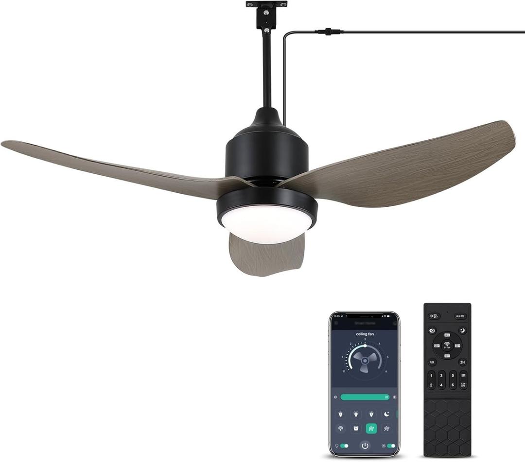 BZX Waterproof Outdoor Ceiling-Fan with Light - 52" Modern Ceiling Fans with 3 Colors LED Light, App & Remote Control, Quiet DC Motor, for Patios Gazebo (Black-Wood Grain)
