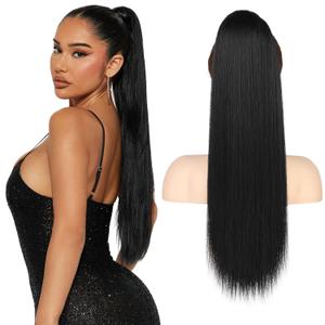 FLUFYMOOZ ponytail extension, 22 Inch Long Straight Drawstring Ponytail Hairpieces Fake Pony Tails Natural Soft Clip in Hair Extension ponytail for Women (Jet Black)