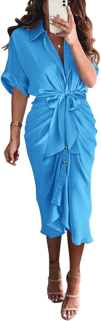 BTFBM Shirt Dresses for Women Spring Button Short Sleeve Silk Satin Ruched Maxi Summer Dress 2026 Cocktail Party Wedding (Medium, Aqua Blue)