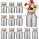 12 Pcs Farmhouse Metal Flower Vase Decor, 5.3 Inch Galvanized Milk Can Jug Vase with Twine Bow Rustic Flower Buckets for Centerpieces Floral Display Table Home Wedding Festival DIY Decorations