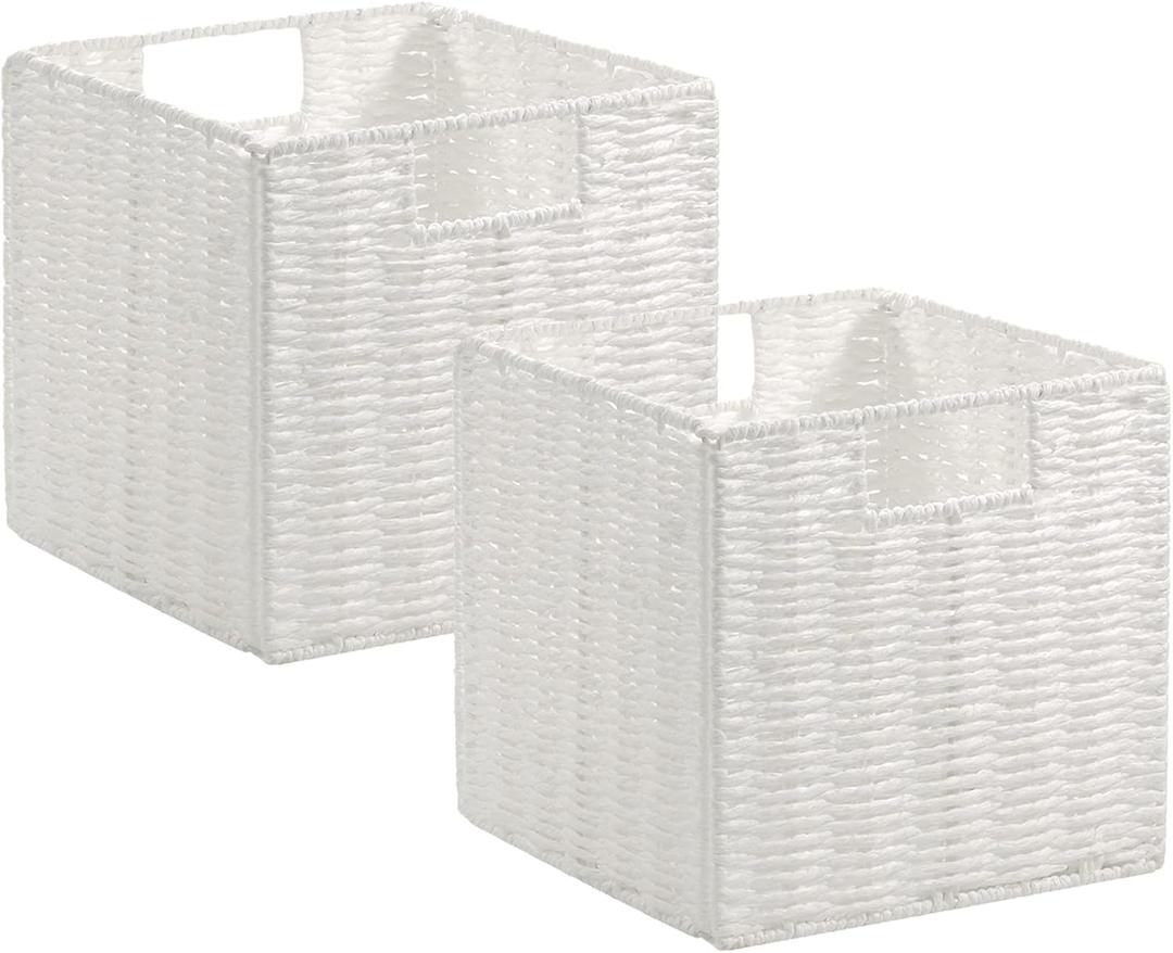 Vagusicc Wicker Storage Basket, Set of 2 Hand-Woven Wicker Baskets for Organizing, Foldable Cube Storage Basket Bins, 13 Inch Large Wicker Storage Baskets for Shelves & Decor, White (13''x13''x13'')