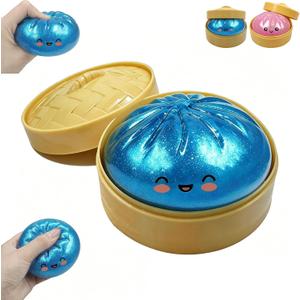 Glitter Dumpling Squishies, Dumpling Squishies Mystery Box, Colorful Dumplings Stress Balls Fidget Sensory Toy, Squeeze Dough Ball Stress Relief Toys with Food Steamer Stretchy Desk Toys(Glitter Blue)