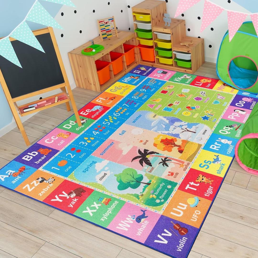 Macgace ABC Kids Rug for Playroom, 4x6 Washable Classroom Area Rugs, Toddler Educational Play Mat with Alphabet Numbers Seasons Shapes, Learning Fun for Preschool Children, Colorful