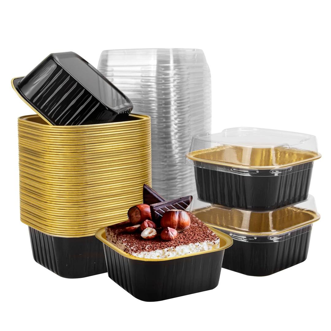Ruckae 5oz 100 Pcs Square Mini Loaf Pans with LidsDisposable Foil Dessert Containers,Mini Cake Pans with Lids,Aluminum Dessert Cups for Parties and Weddings (Black Gold, 5oz)