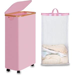 Efluky Slim Laundry Basket with Wheels, Narrow Rolling Laundry Hamper with Lid and Removable Bag, Tall Aesthetic Dirty Clothes Hamper on Wheels for Laundry Room, Bedroom, Dorm and Bathroom, 75L Pink