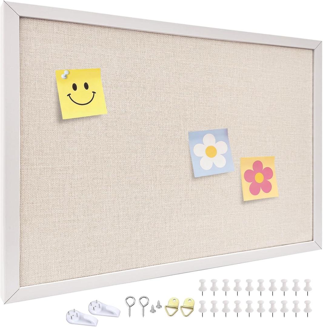24'' x 36'' Linen Bulletin Board, Large Corkboard, White Oak Frame Linen Cork Board, Vision Board and Decorative Hanging Pin Board