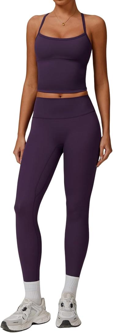 Womens Workout Sets Two Piece Cross Back Tank Top Matching High Waist Leggings Sets Gym Outfits Work Out Clothes (Medium, Dark Purple)