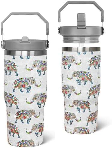 Zifmrtrwn Elephant Tumbler with Handle and Flip Straw Boho Mom Cup Insulated Leak Proof Coffee Travel Mug Water Bottle White Elephant Gifts for Women Decor-30 oz(1PCS)