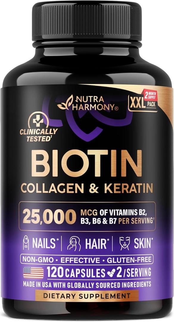 Biotin | Collagen | Keratin - Clinically Tested Supplement - Hair Growth Support, Skin & Nails - 25000 mcg Vitamins B2, B3, B6 & B7 + B1 & Hyaluronic Acid - Made in USA - Women & Men | 120 Capsules, BB 01/2027