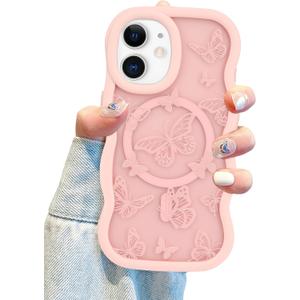 Jusy Butterfly Phone Case for iPhone 12/12 Pro, Compatible with MagSafe, Silicone Cute Butterfly Curly Wave Edge Phone Case, Slim Shockproof Protective Phone Cover for Women Girls, Pink